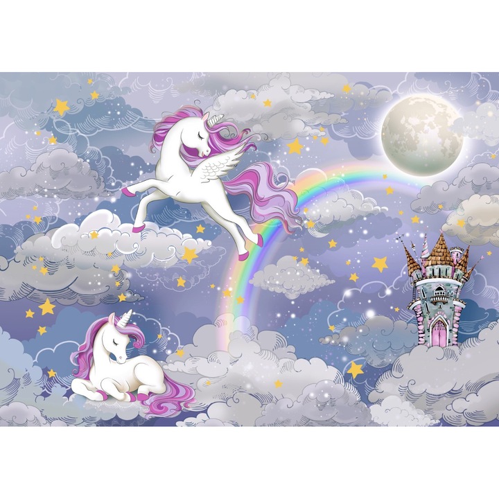 Fototapet pentru copii, Unicornii magici si norii de noapte cu stele si curcubeu, 100x 150cm, Multicolor, Lavabil, Orice incapere