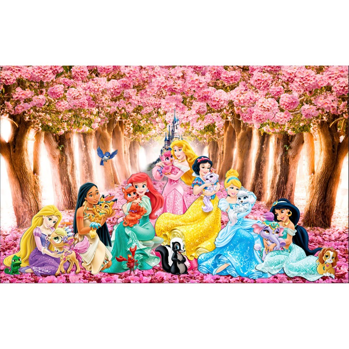Fototapet pentru copii, Printesele Disney in parcul cu copaci roz, 100x 150cm, Multicolor, Lavabil, Orice incapere