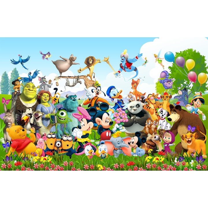 Fototapet pentru copii, Eroii preferati din Disney, Mickey Mouse, Minions, Winnie Pooh, 100x 150cm, Multicolor, Lavabil, Orice incapere