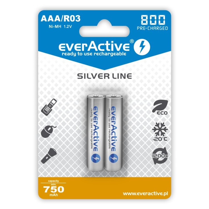 2 db előtöltött R3 AAA Ni-MH akkumulátor készlet, kapacitás 800 mAh, everActive Silverline