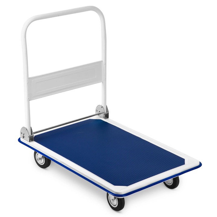 Carucior platforma transport marfa DacEnergy, constructie solida, din otel, capacitate de incarcare pana la 300 kg, 2 roti pivotante, 90 x 87 x 60 cm, alb si albastru