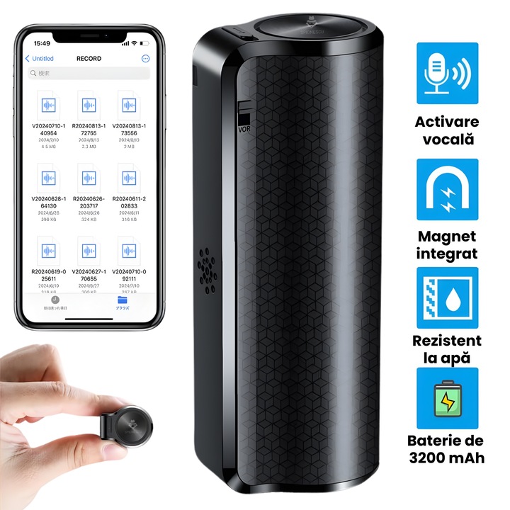 Reportofon profesional magnetic Q70, Spionescu, activare vocala, reducere zgomot AGC, inregistrare PCM 1536 kbps, baterie 3200 mAh, autonomie extinsa, conectare USB/OTG, negru