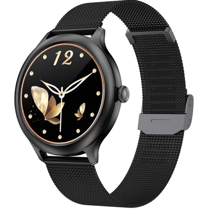 Smartwatch idealStore PowStell, Design Slim, Moduri MultiSport, Monitorizare Sanatate, Memento Personalizat Control Muzical si Camera Foto, Aplicatie Menstruala, Bratara Silicon, Culoare Negru