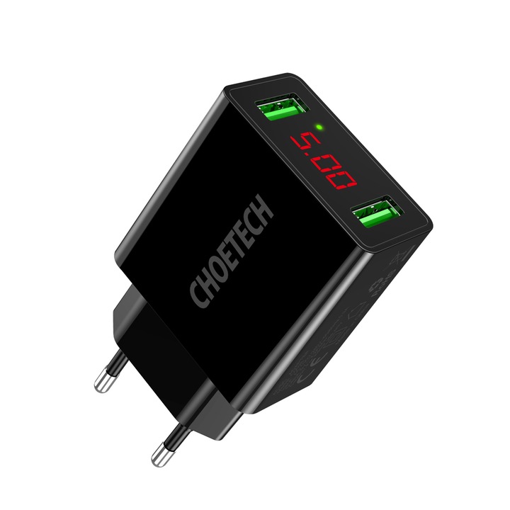 Choetech hálózati töltő, 2xUSB, Digitális kijelző, 11 W, Fekete