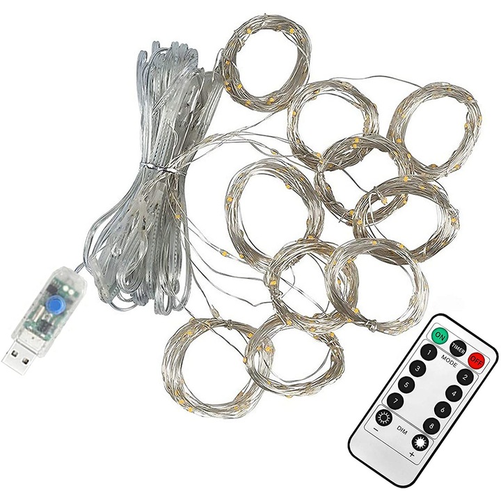 Vaxiuja Fényfüggöny, 300 LED, 8 mód, USB tápegység, Vízálló, 3 x 3 m, Meleg fehér