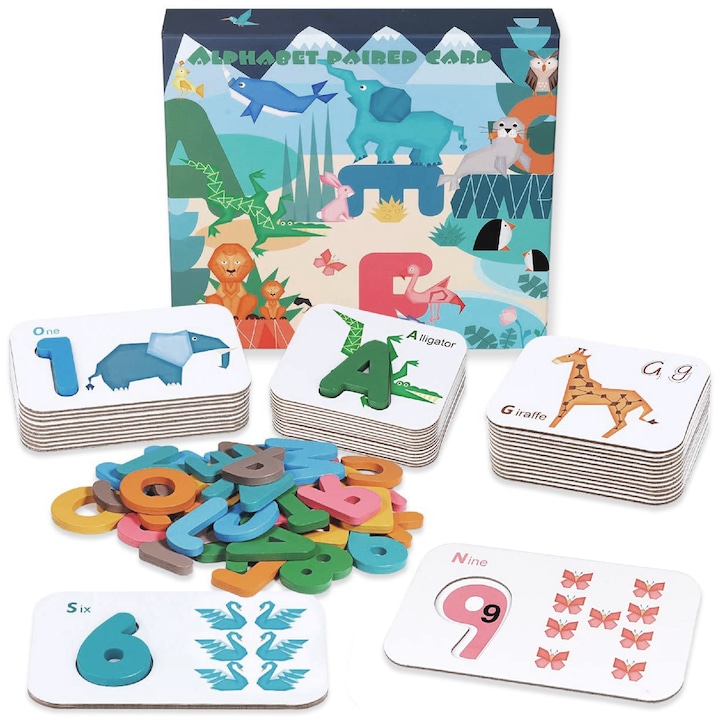 Образователна игра Монтесори азбука, букви и цифри дървени съвпадащи карти