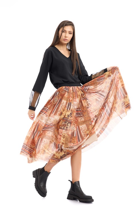 Fusta dama, RVL Fashion, tul imprimat, caramiziu, S INTL