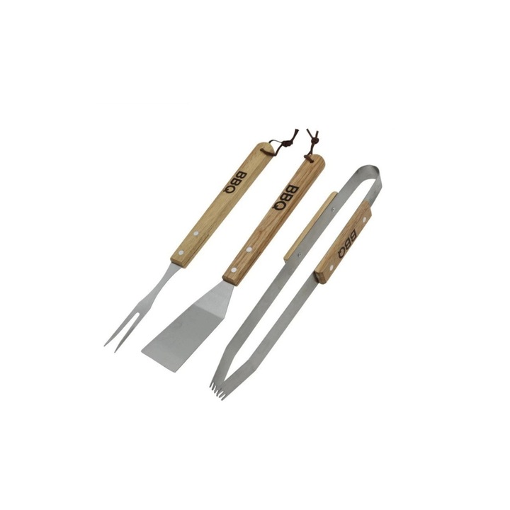 Set 3 Ustensile Pentru Gratar BBQ, Din Inox, Cu Maner de Lemn, 35 cm