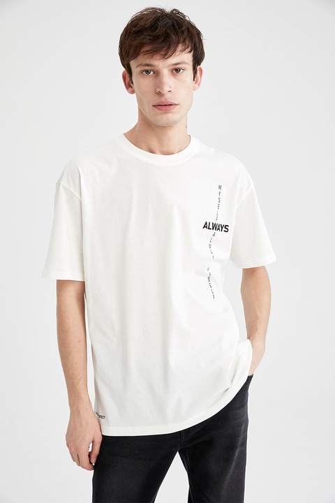 DeFacto, Tricou de bumbac cu imprimeu text, Alb murdar, XS
