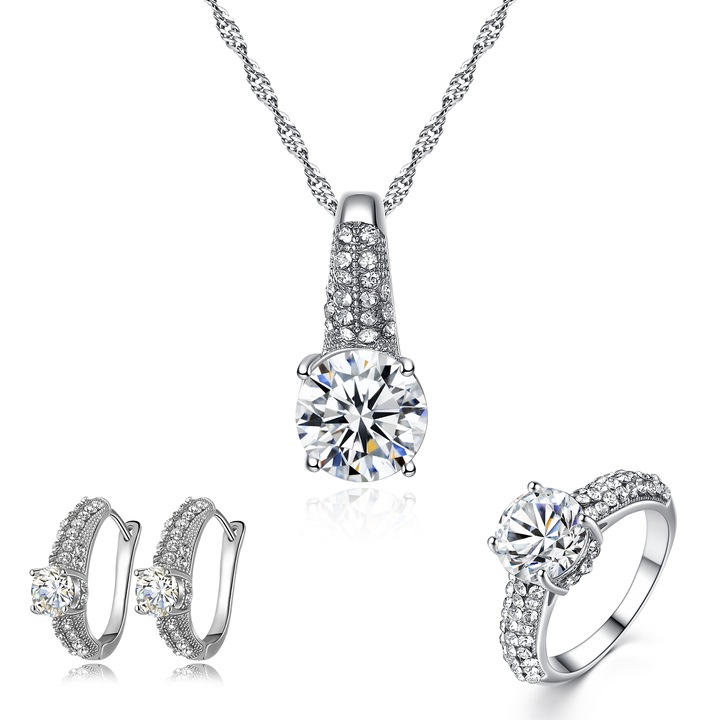 Set bijuterii dama, lantisor cu pandantiv, cercei si inel, pietre zirconiu, placat cu aur alb 18K, argintiu