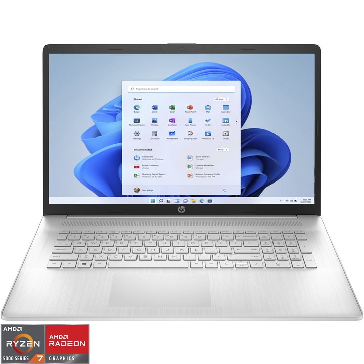 Лаптоп HP 17-cp0004nq, AMD Ryzen™ 7 5700U, 17.3", Full HD, 8GB, 512GB SSD, AMD Radeon™ Graphics, Windows 11 Home, Natural silver