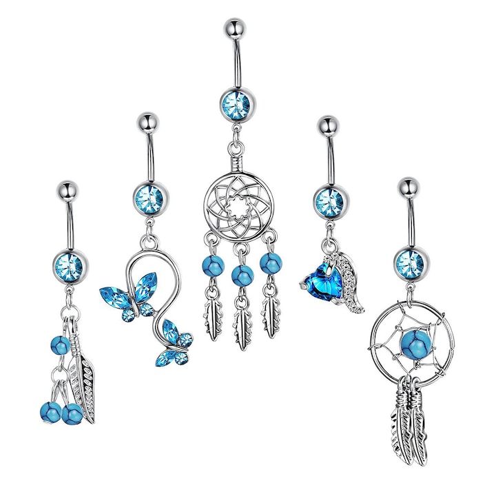 Set 5 x piercing-uri buric, Otel/Zirconiu, Diferite modele, Argintiu/Albastru
