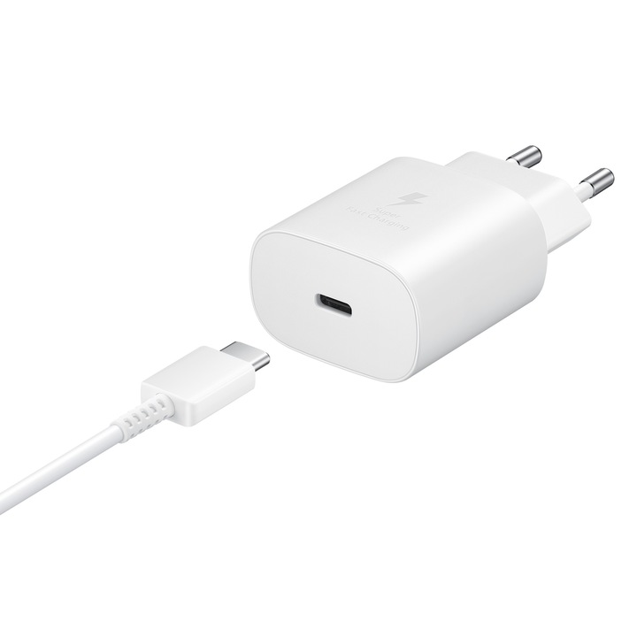 Incarcator de retea, Samsung, Alb, 1xUSB-C, 25W, PD, Quick Charge, Cablu USB-C inclus, Compatibilitate larga