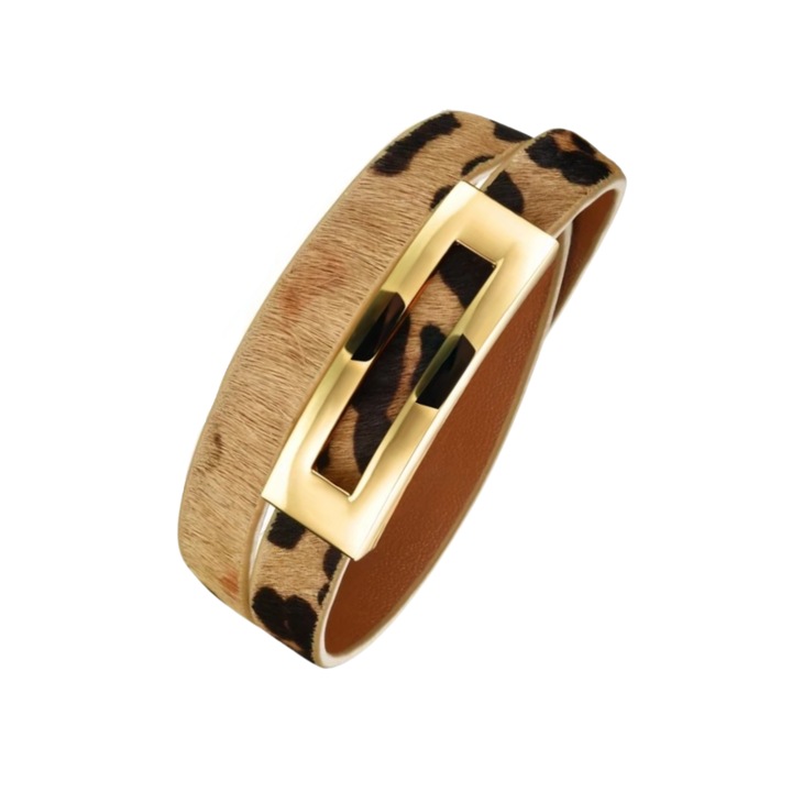 Bratara dama curea dubla, model catarama aurie si print leopard