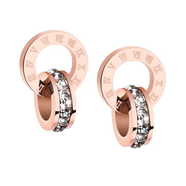 Róza arany színű kerek fülbevaló egymáshoz kapcsolódó körökkel és római számokkal, díszdobozban