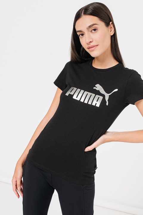 Puma, Tricou de bumbac cu imprimeu logo contrastant Essentials+, Argintiu/Negru