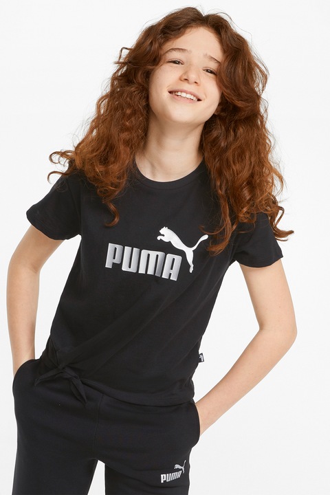 Puma, Tricou de bumbac cu imprimeu logo si detaliu innodat, Negru