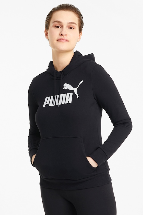 Puma, Hanorac cu imprimeu logo si snururi de ajustare Essentials, Alb/Negru