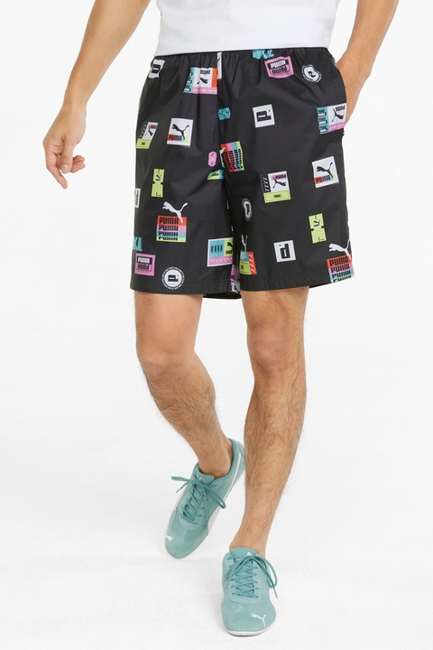 Puma, Pantaloni scurti cu imprimeu logo Brand Love, Negru/Galben/Albastru