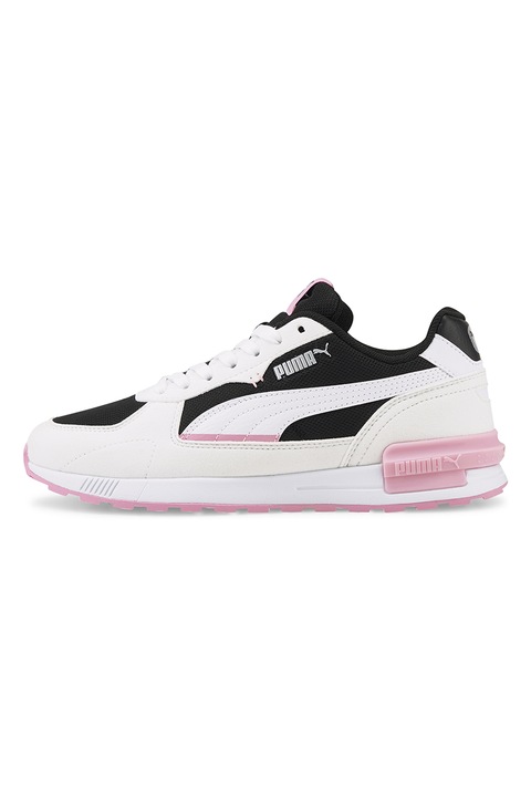 Puma, Pantofi sport cu insertii din plasa Graviton Jr, Alb/Negru/Roz deschis