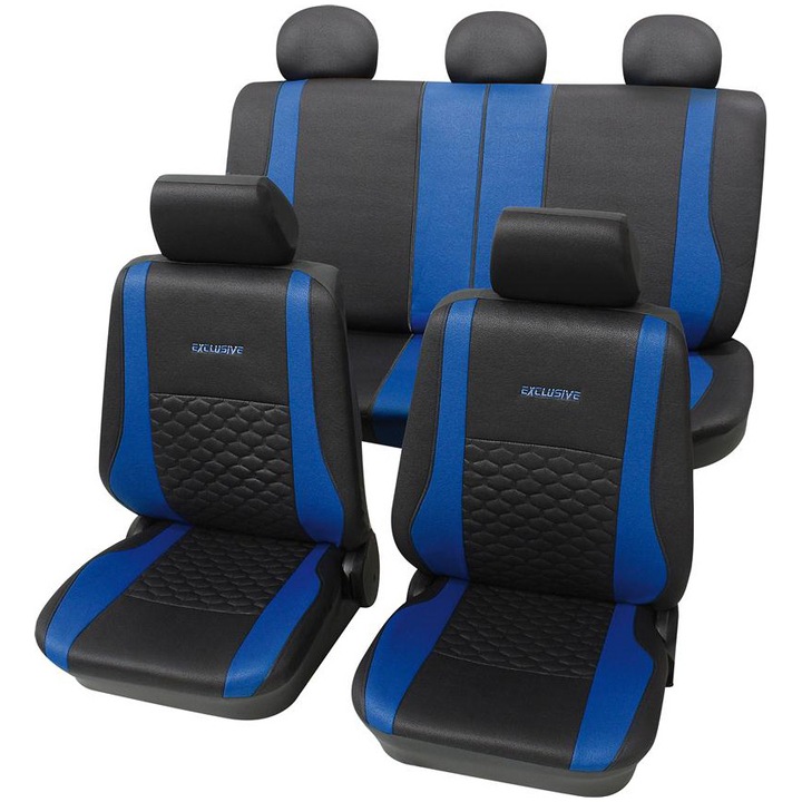 Set huse universale scaune auto Petex Exclusive, 17 piese, albastru cu negru