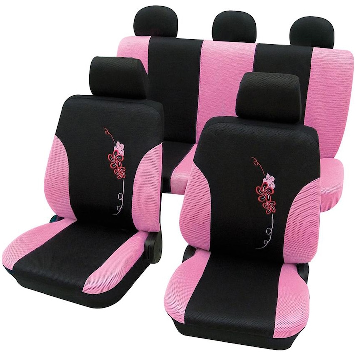 Комплект калъфи за седалки Petex Flower, Универсални, 17 части, Розов/Черен