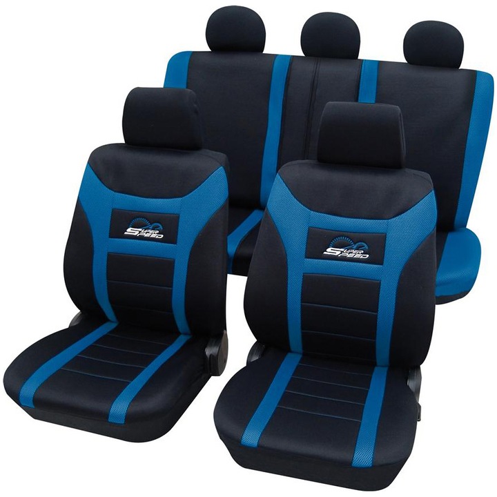 Set huse universale scaune auto Petex Super Speed, 11 piese, albastru cu negru