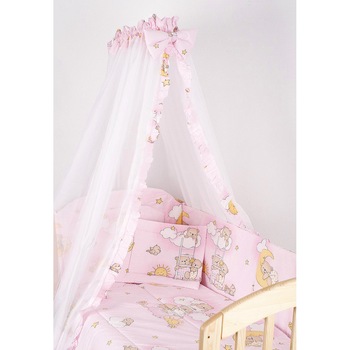 Lenjerie cu baldachin,6 piese, ursuletul somnoros roz, 120x60cm Lenjerie cu baldachin,6 piese, ursuletul somnoros roz, 120x60cm