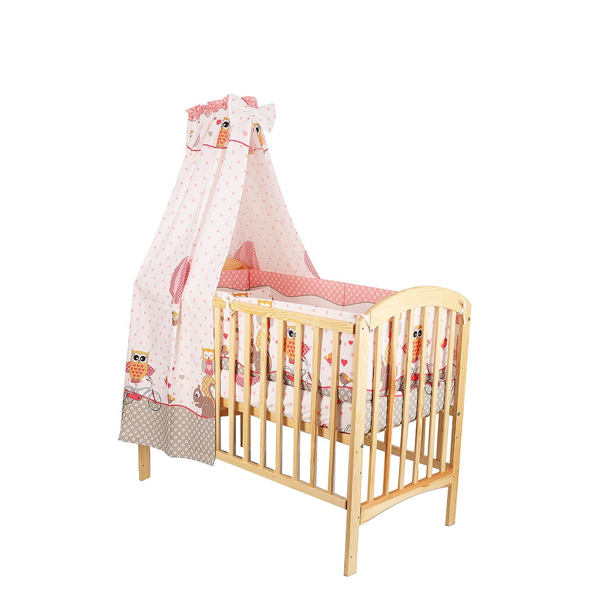 Lenjerie cu baldachin, 6 piese, bufnite mari, roz 120x60cm