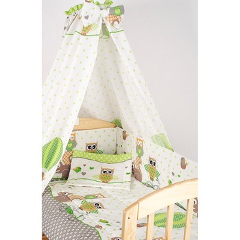 Lenjerie cu baldachin, 6 piese, bufnite mari, verzi, 120x60 cm Lenjerie cu baldachin, 6 piese, bufnite mari, verzi, 120x60 cm