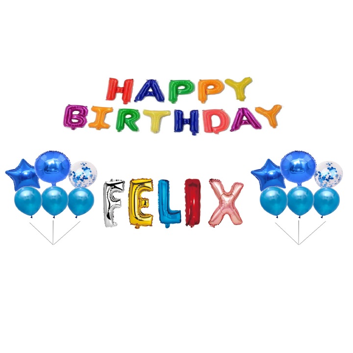 Boldog születésnapot Felix lufi szett, tortafeltét, Multicolor M2, 35 db