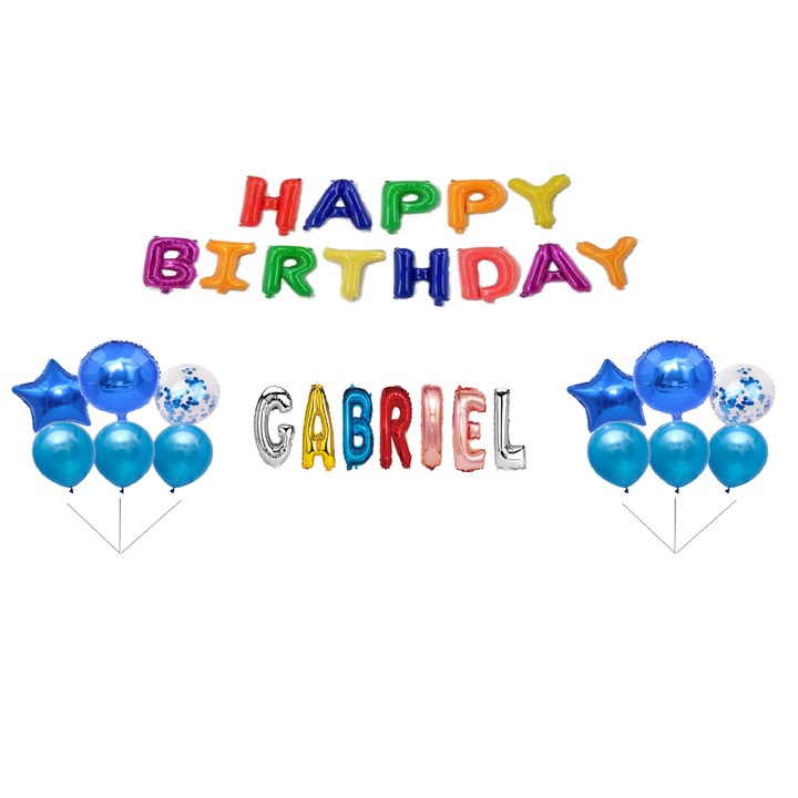 Boldog születésnapot Gabriel lufi szett, tortafeltét, Multicolor M2, 35 db