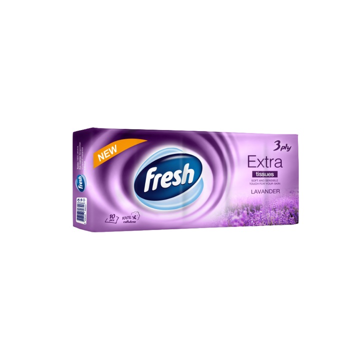 Комплект носни кърпички Fresh Lavender, 3 слоя, 10 опаковки, 100 бр.