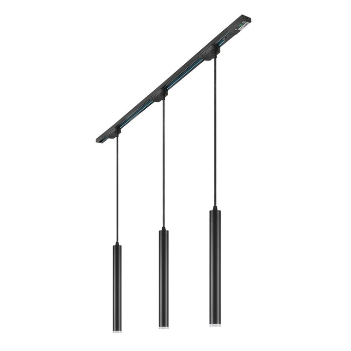 Spot luminos LED 3x12W/ora, 3x1368lm - 50 000 ore, 4000K lumina naturala, kit 3 spoturi pendul Ø25mm pe sina monofazata 1m, Negru, LED market®, clasa energetica E