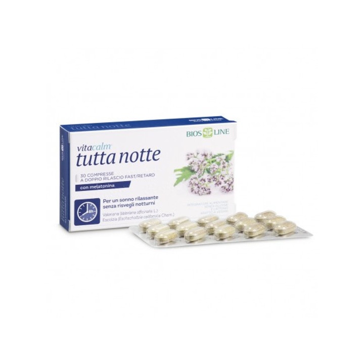 Supliment pentru relaxare si somn linistit VitaCalm Tutta Notte cu melatonina, Bios Line, 30 comprimate