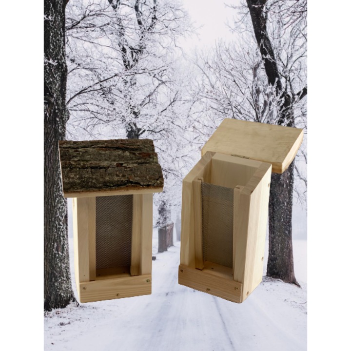 Casuta Scoarta de Copac, hranitor pasari, lemn masiv, 17x11x27 (cm) Natural Timber