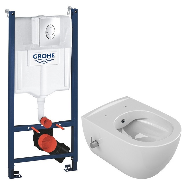 Set 2 in 1 Toaleta cu bideu Cerastyle City Rimless, Grohe, capacitate 9 L, capac soft and slim, clapeta crom lucios, baterie actionare bideu premontata