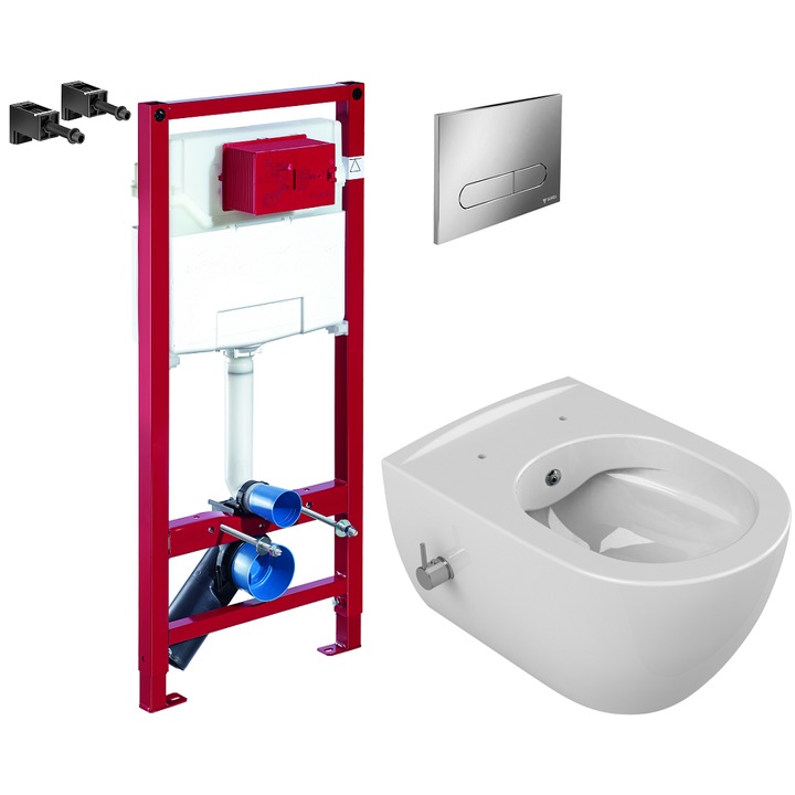 Set 2 in 1 Toaleta cu bideu Cerastyle City Rimless, Schell, capacitate 9 L, capac soft and slim, clapeta crom lucios, baterie actionare bideu premontata