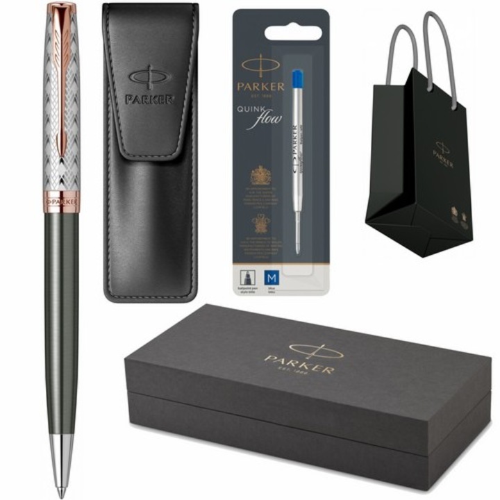 Set Pix Parker Sonnet Royal Metal & Grey PGT cu Etui Leather Black, rezerva mina pix si punga