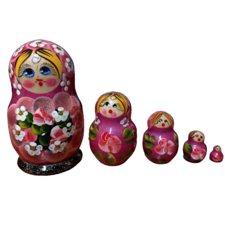 Set 5 papusi Matrioska, roz, 10 cm