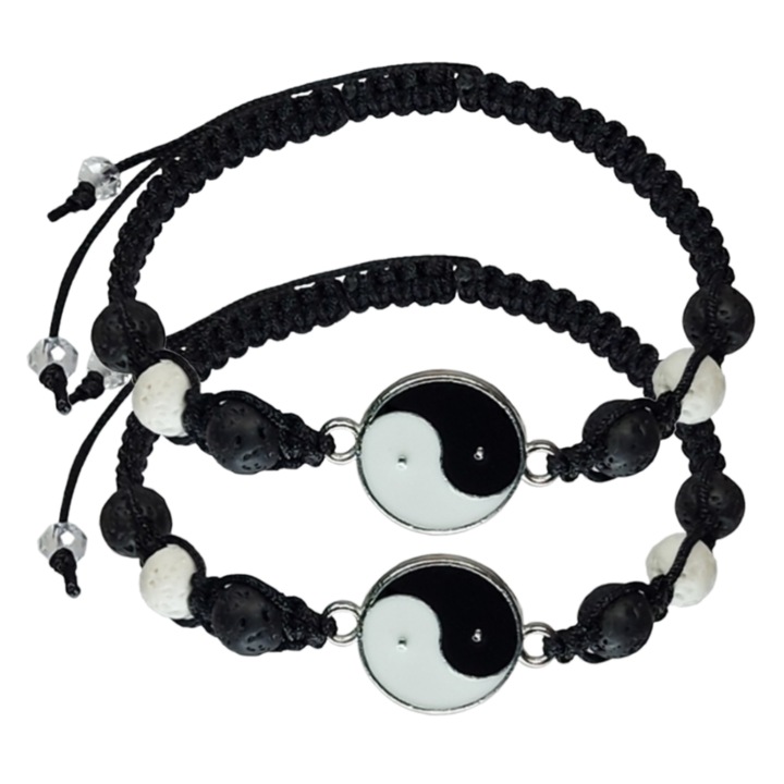 Set 2 Bratari ArtDeco Yin & Yang din snur negru, cu pandantive metalice, pietre semipretioase de Roca vulcanica, reglabile 16-25 cm