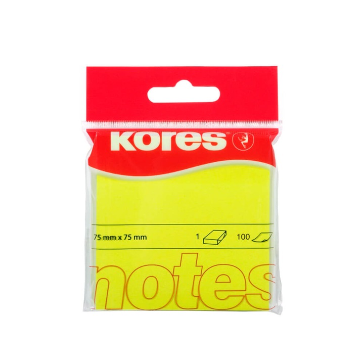 Kores öntapadós jegyzetek, 100 lap, 75x75 mm, neonsárga