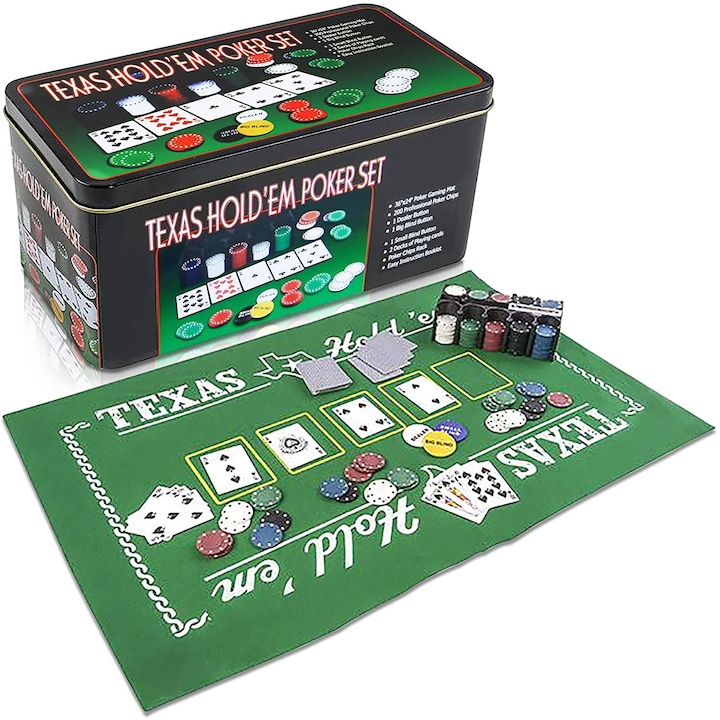 Комплексен комплект за покер IdealSTORE 200 чипа, комплект за покер Texas Hold'em, оборудван с, алуминиев калъф, 2 пакета карти, етикет на дилъра, подложка за покер маса, чипове на дилъра, голям блинд, малък блинд