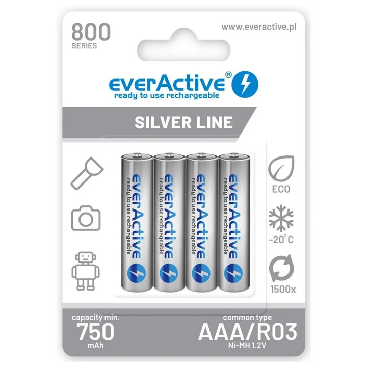 Set 4 acumulatori preincarcati R3 AAA Ni-MH, capacite 800 mAh, everActive Silverline