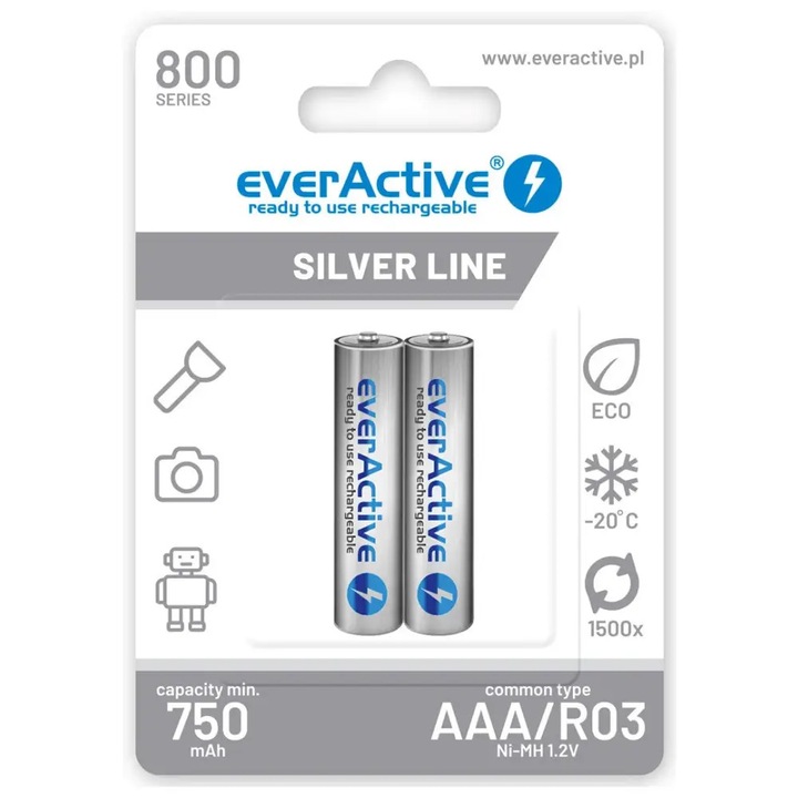 Set 2 acumulatori preincarcati R3 AAA Ni-MH, capacite 800 mAh, everActive Silverline