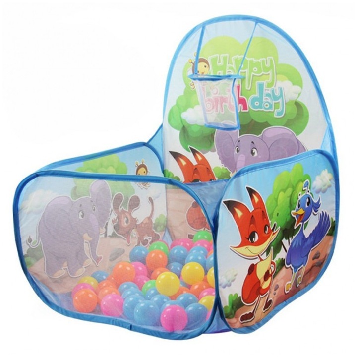 Tarc de joaca pliabil cu 60 de bile multicolore incluse si minicos de baschet, 62cm x 62cm x 37cm x 74cm