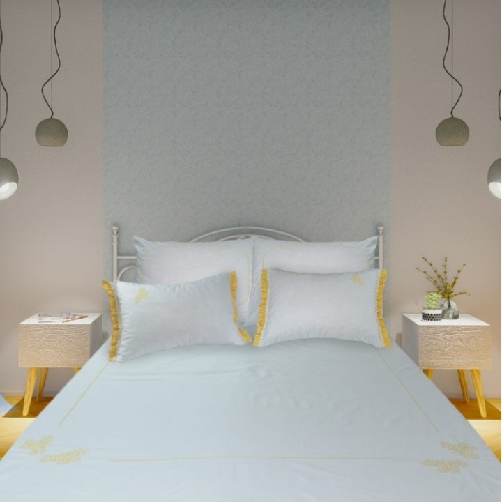 Комплект спално бельо Casa Bucuriei superking, модел Joy, 6 части, цвят бяло/жълто, 100% памук, 240 x 260, 280 x 300