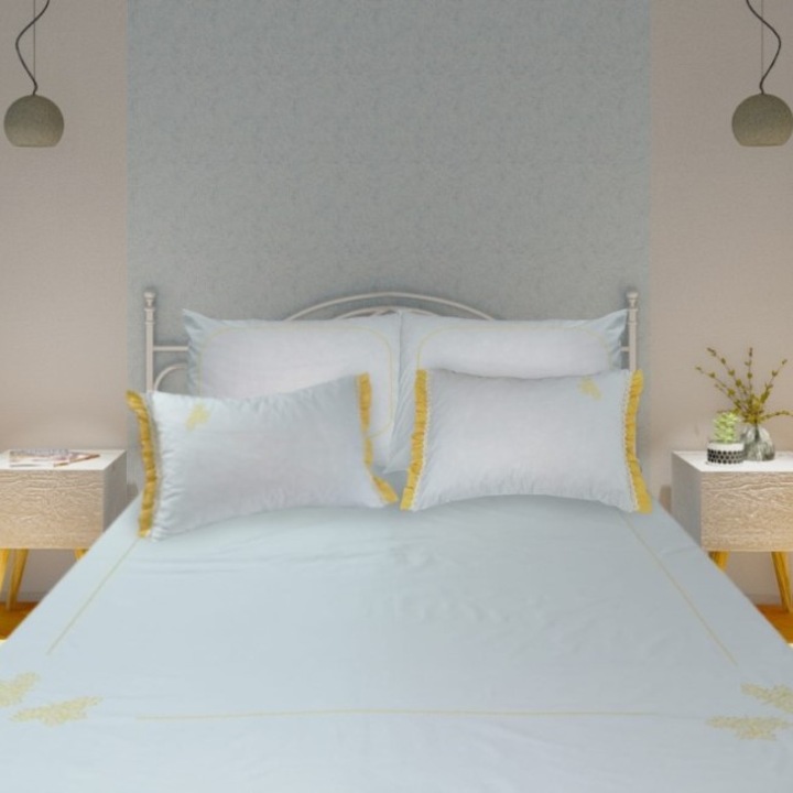 Брачен комплект спално бельо Casa Bucuriei, модел Joy, 6 части, цвят бяло/жълто, 100% памук, 180 x 220, 240 x 260