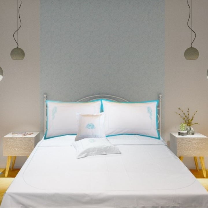 Двойно спално бельо Casa Bucuriei, модел Lebada, 5 части, бяло/синьо, 100% памук, бродирани, 220 x 240, 160 x 220