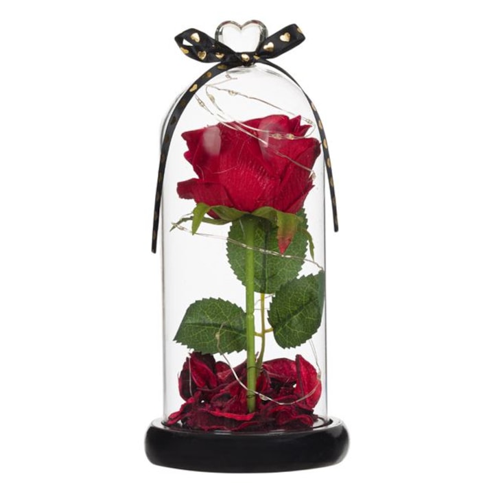 Изкуствена роза под стъклен похлупак, Дървена основа, Лед осветление, 11x24 см